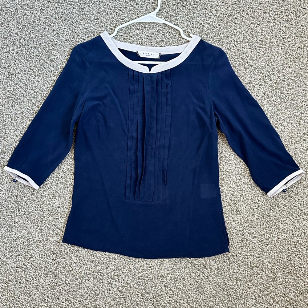 Navy blue Blouse with White Accents